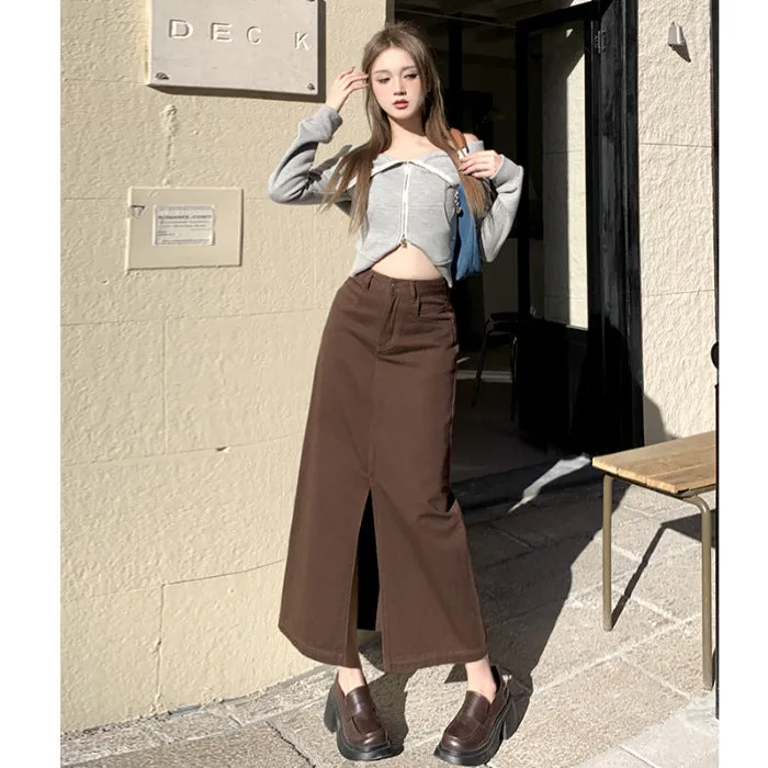 Lanfubeisi outfit Creamy-white Front Slit Denim Skirt Women's Early Spring High Waist Loose A- line Mid-Length Hip Skirt