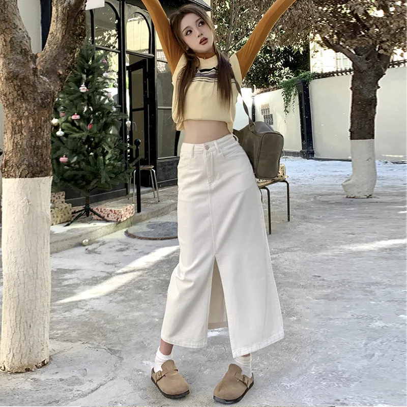 Lanfubeisi outfit Creamy-white Front Slit Denim Skirt Women's Early Spring High Waist Loose A- line Mid-Length Hip Skirt