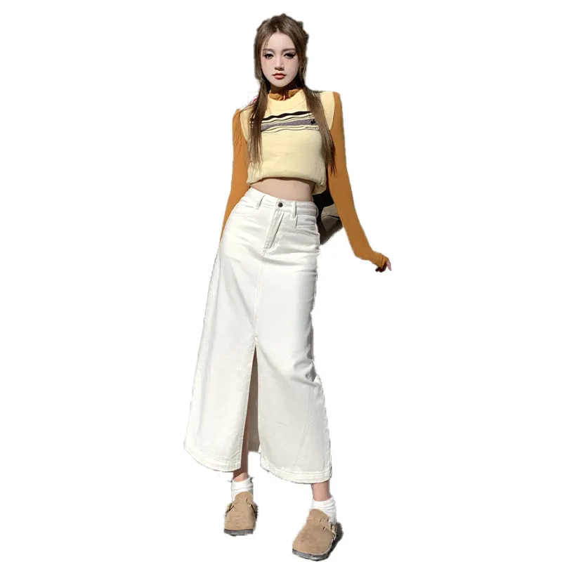 Lanfubeisi outfit Creamy-white Front Slit Denim Skirt Women's Early Spring High Waist Loose A- line Mid-Length Hip Skirt