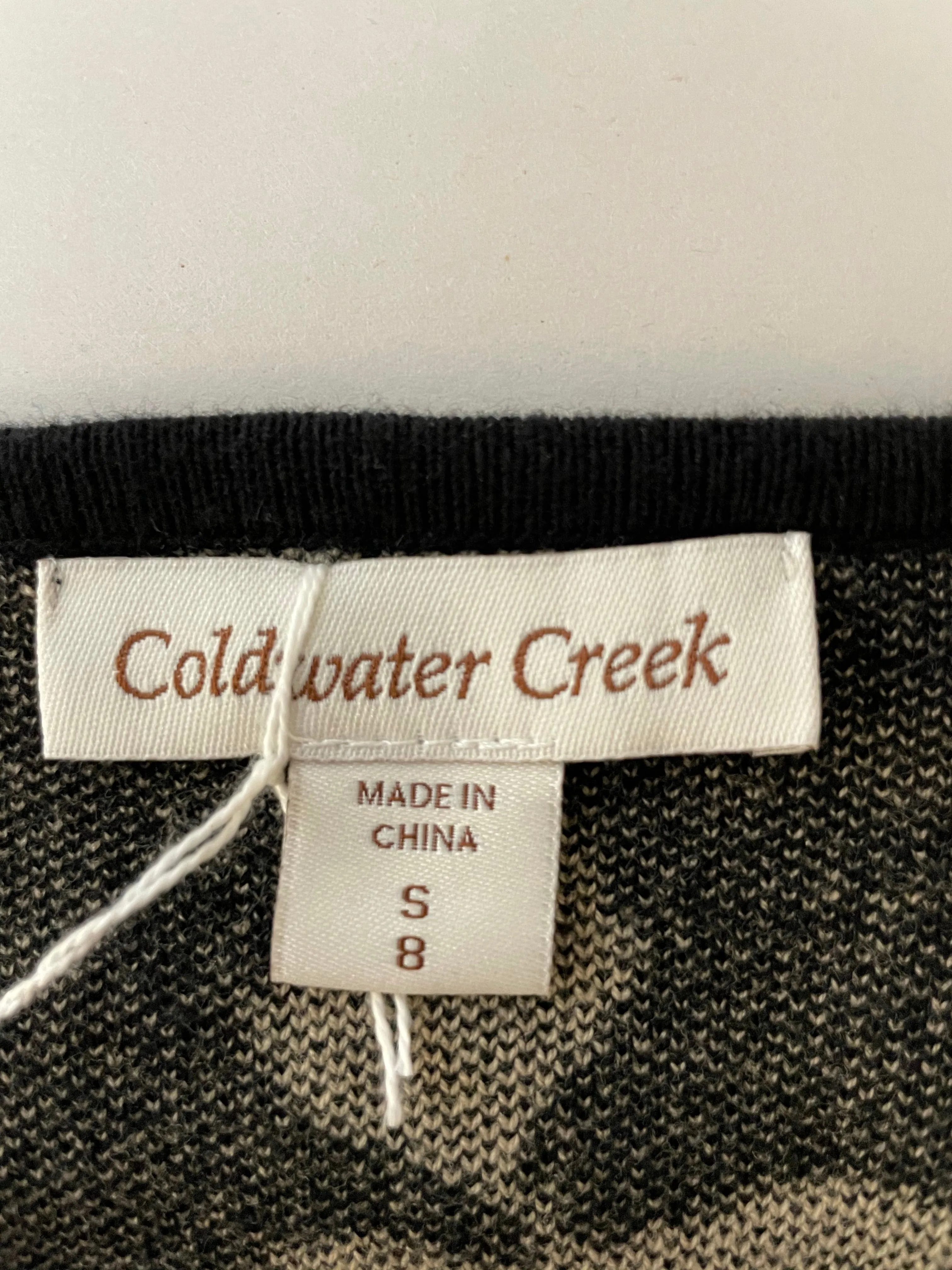 <€€* Womens Small Size 8 COLDWATER CREEK Black & Tan Cardigan Sweater 3/4 Sleeve