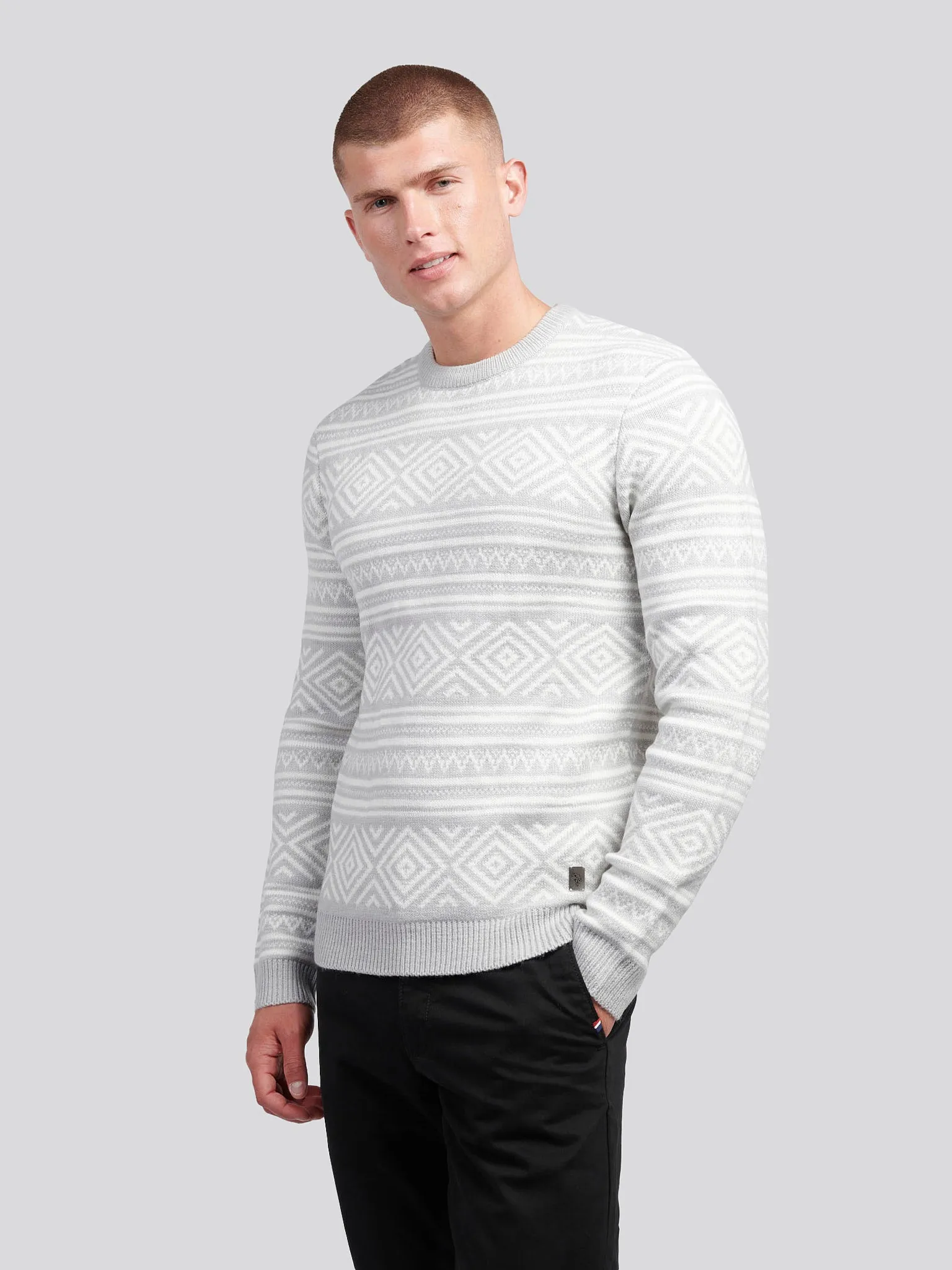 Mens Fairisle Crew Neck in Mid Grey Marl