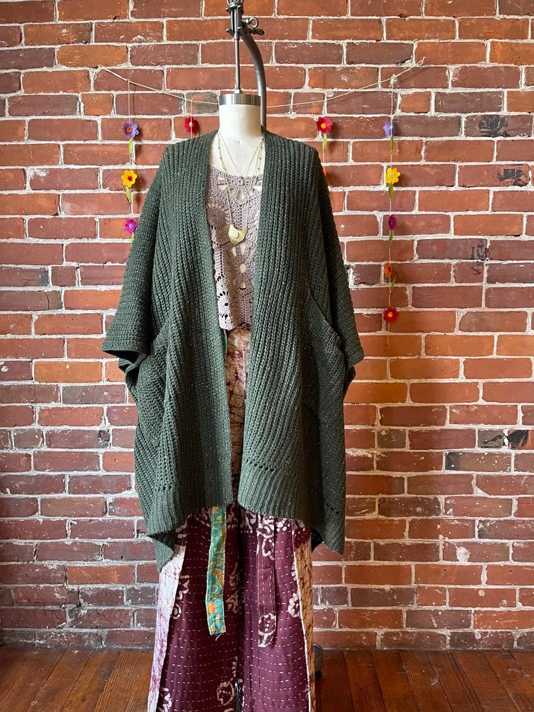 Moss Green Chunky Knit Soft Poncho With Pockets
