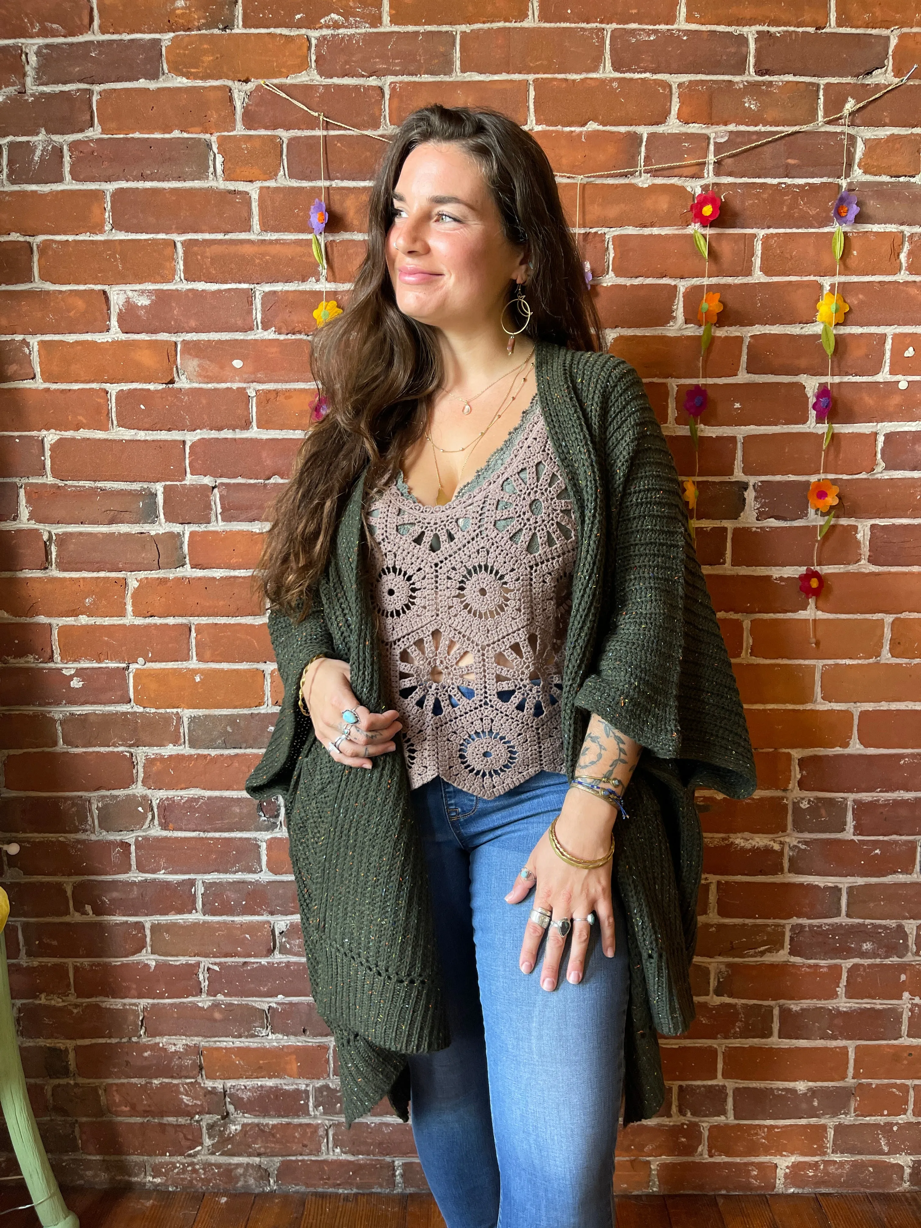 Moss Green Chunky Knit Soft Poncho With Pockets