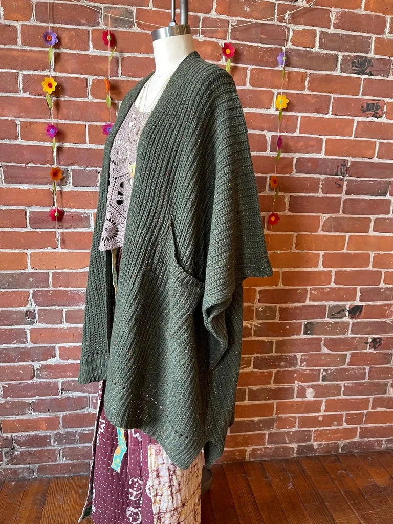 Moss Green Chunky Knit Soft Poncho With Pockets