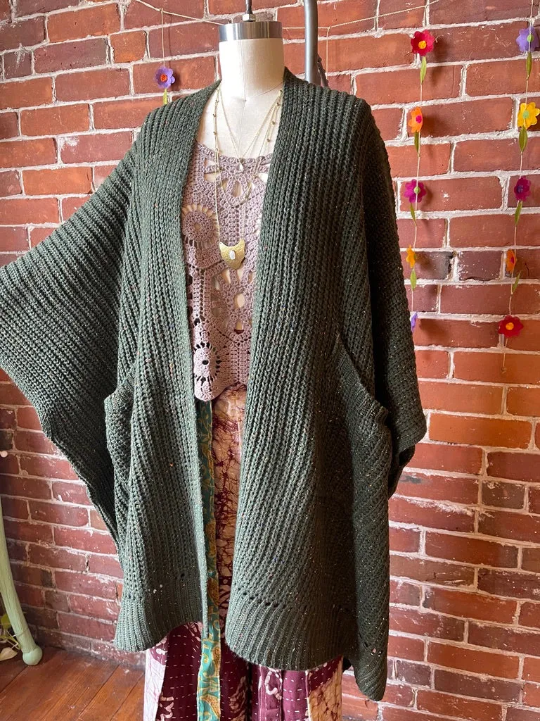 Moss Green Chunky Knit Soft Poncho With Pockets