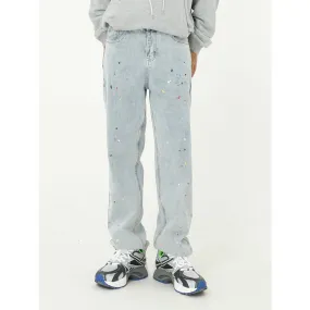 Paint Splash Blue Jeans Straight Loose Jeans