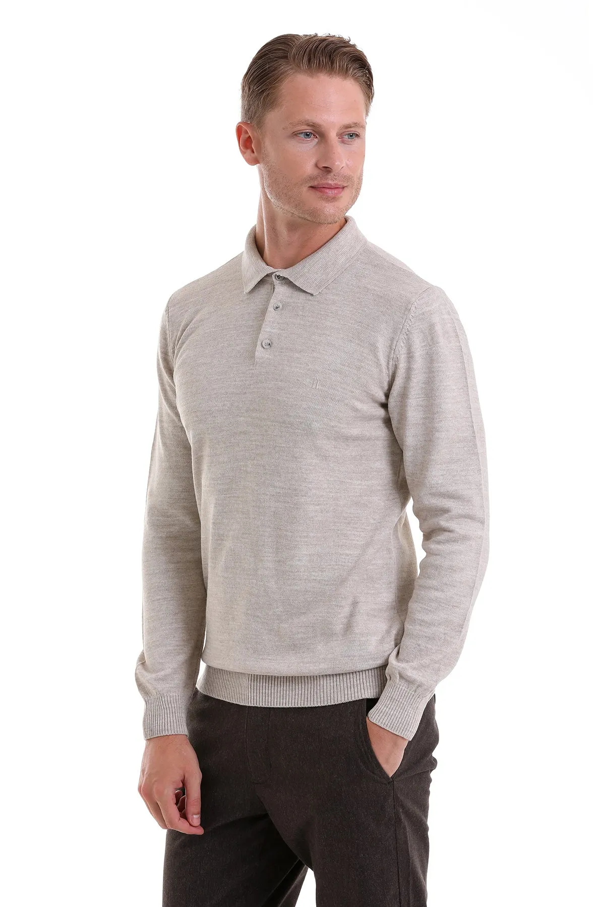 Regular Fit Beige Polo Sweater