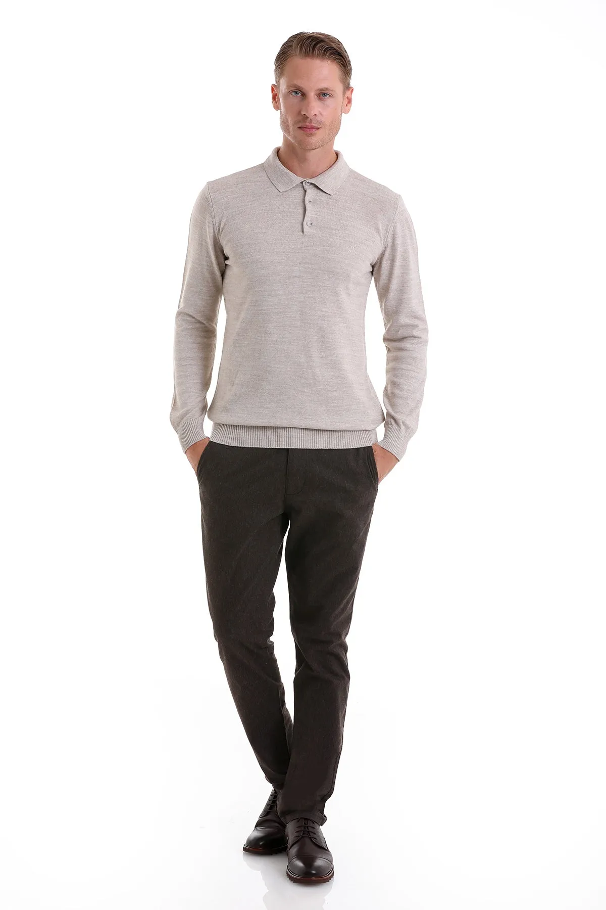 Regular Fit Beige Polo Sweater