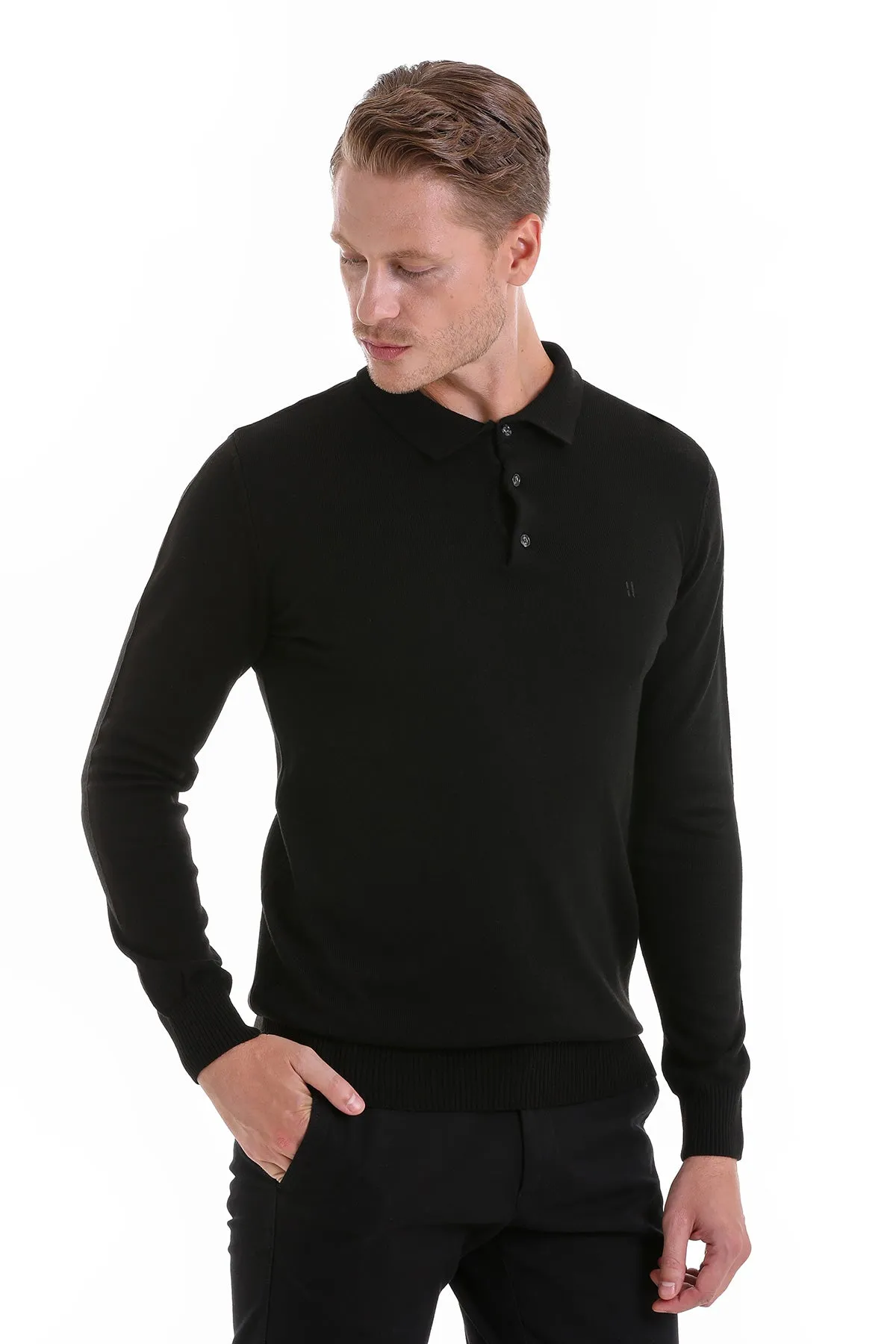 Regular Fit Black Polo Sweater