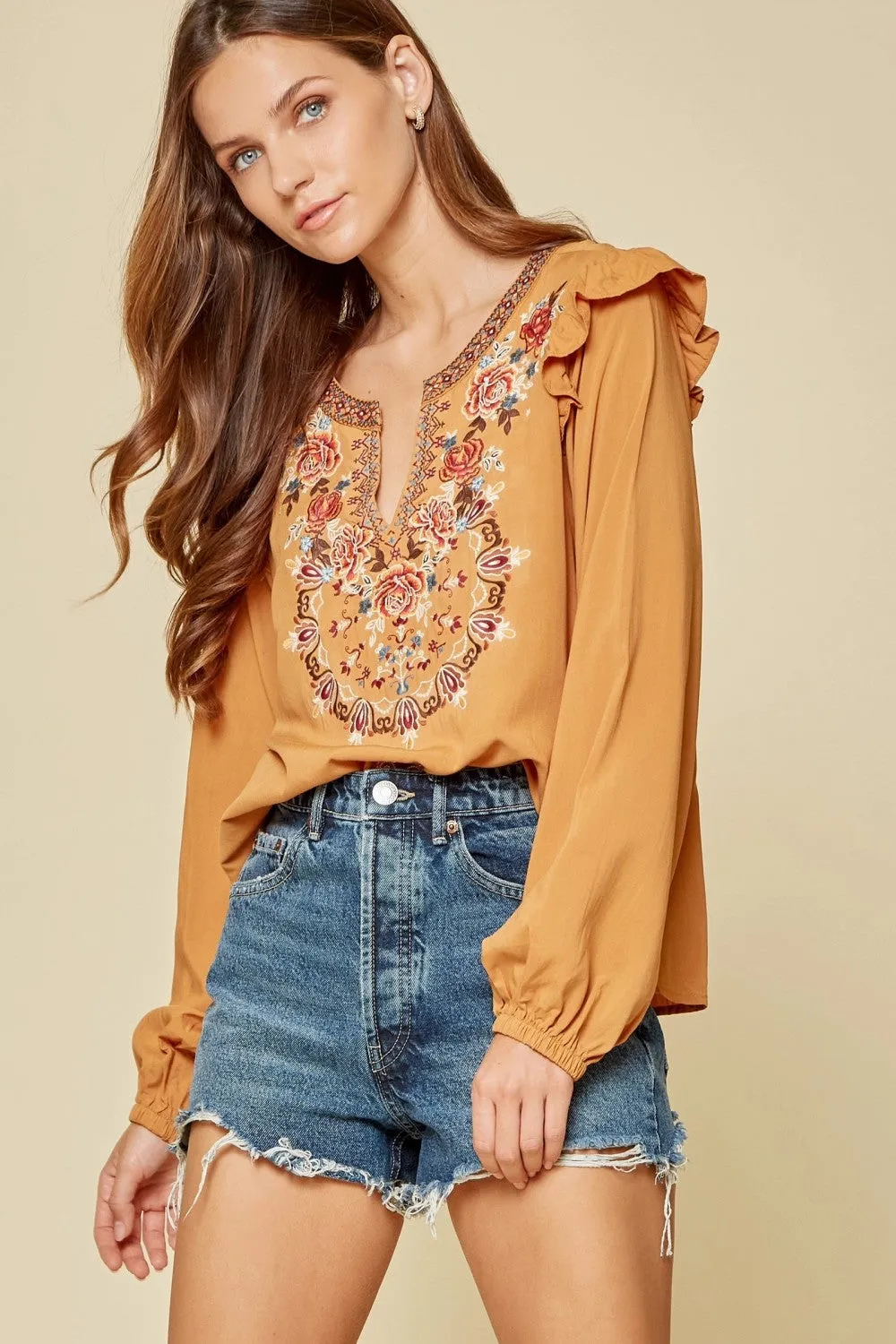 Ruffle Detail Embroidered Blouse, Marigold