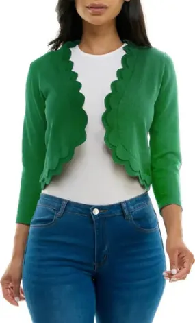 Scalloped Open Front 3/4 Sleeve Solid Rayon Knit Jacket Bright Green- Nina Leonard
