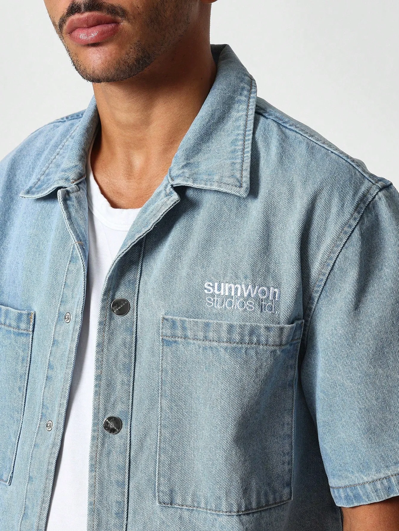 Washed Boxy Cropped Denim Shirt With Embroidery Print