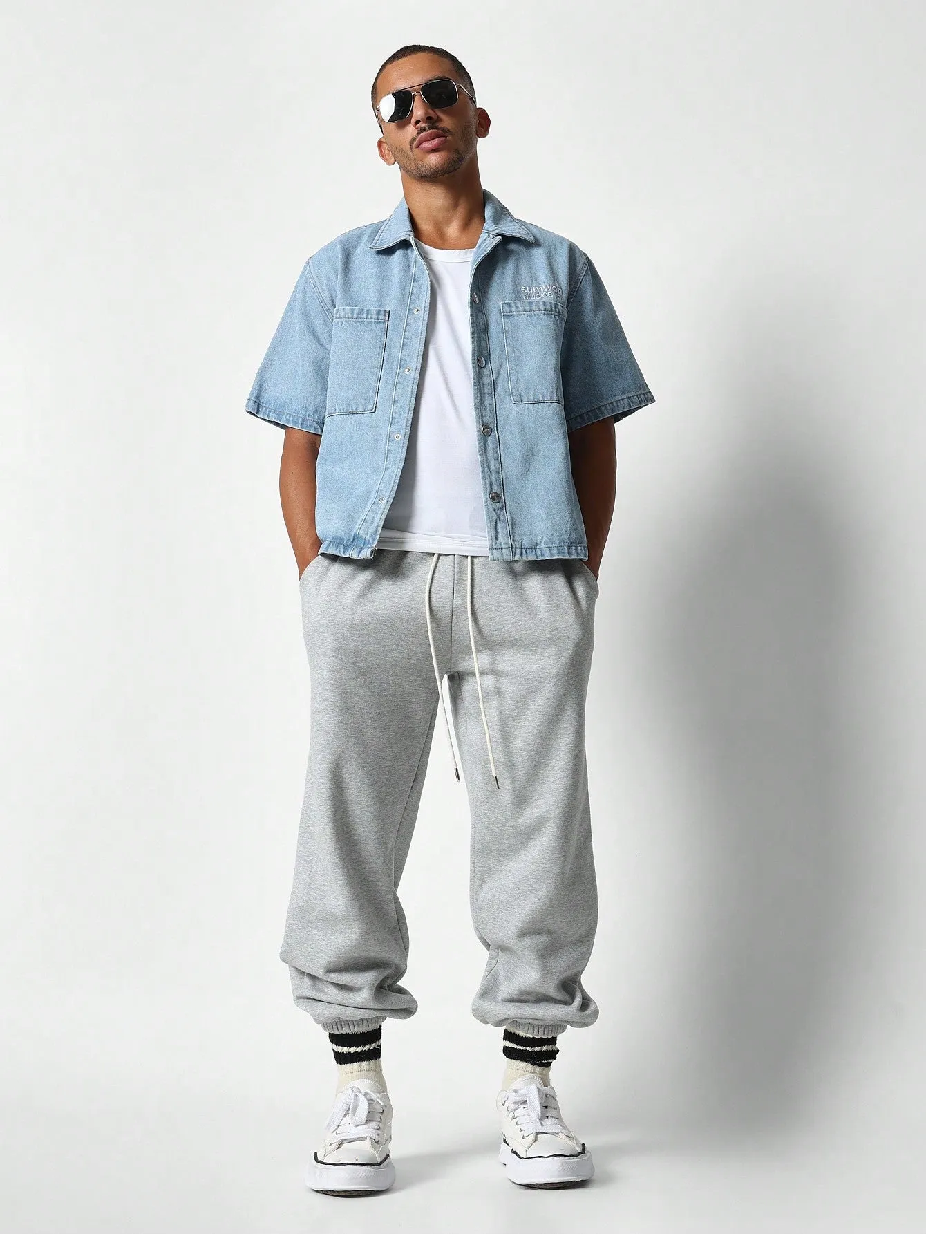 Washed Boxy Cropped Denim Shirt With Embroidery Print