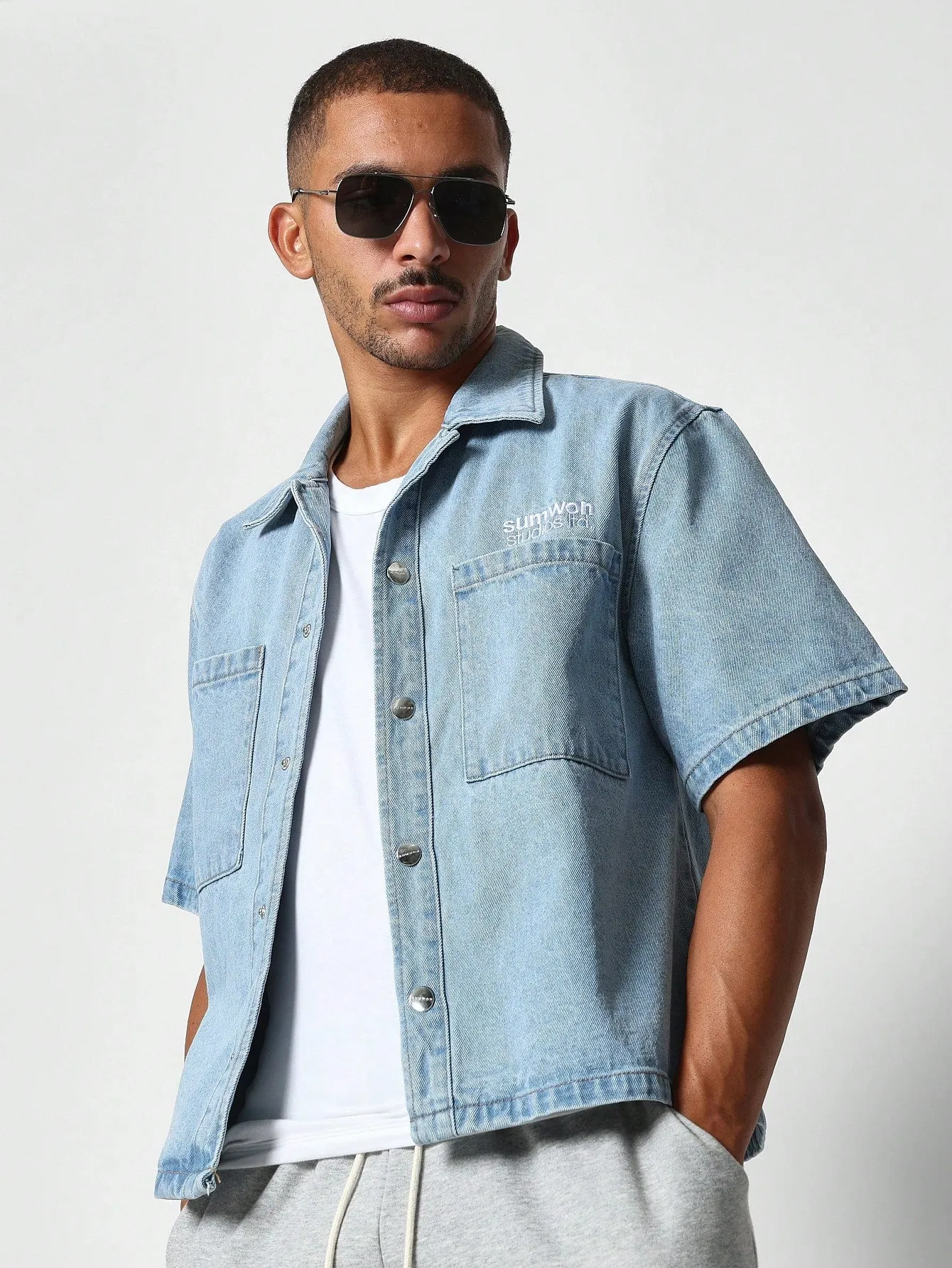 Washed Boxy Cropped Denim Shirt With Embroidery Print