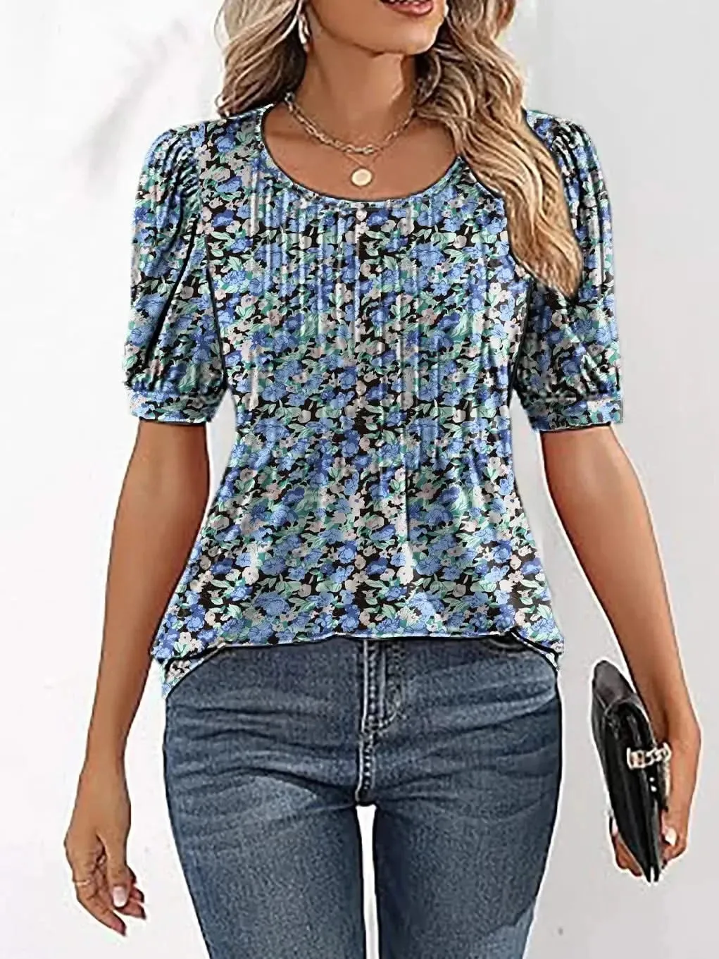 Womens Tunic Tops V Neck Shirts - Summer Puff Pleated Blouse